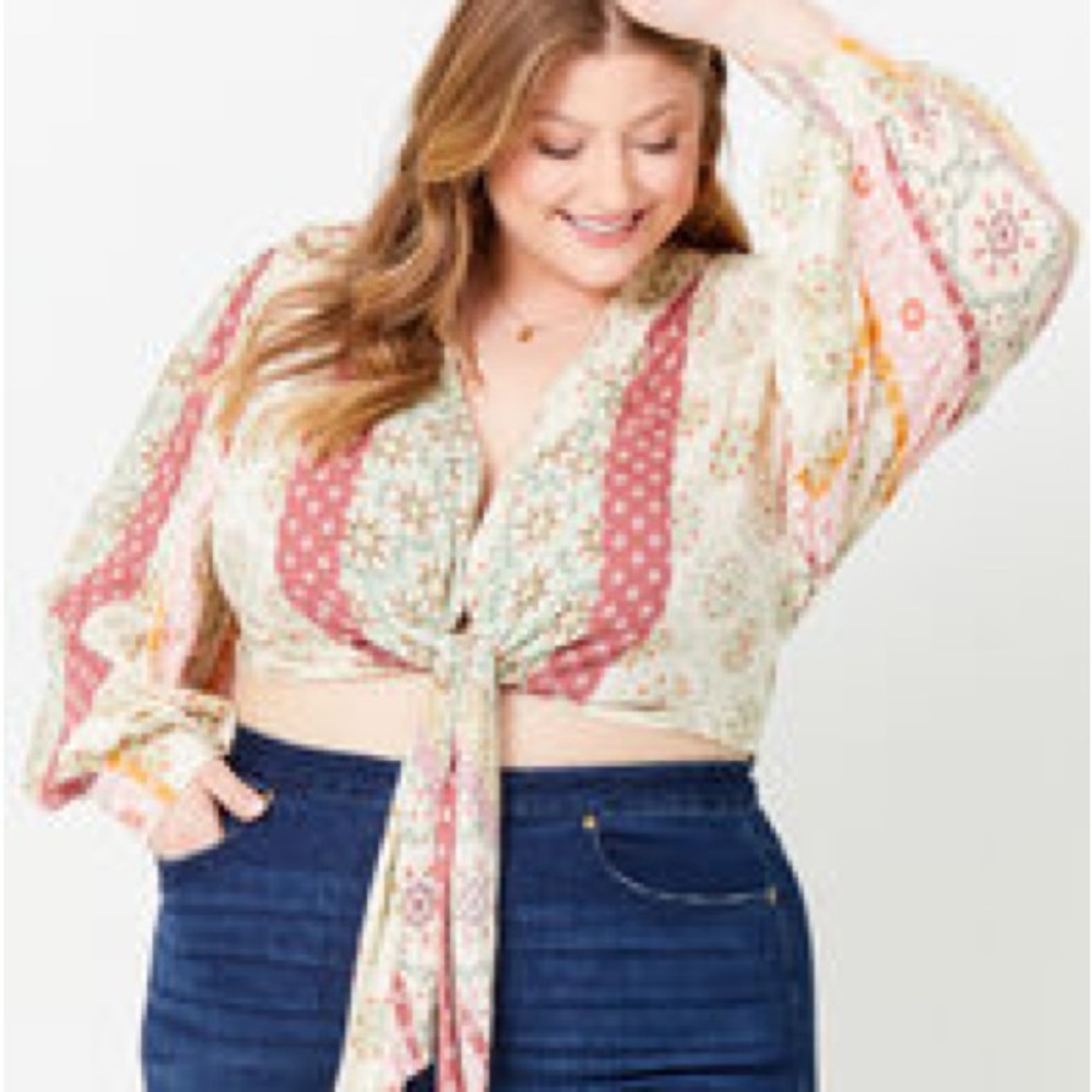 ARULA (Altar’d State) Meadow Kimono Floral Tie-Front Long Sleeve Blouse sz.B/2X